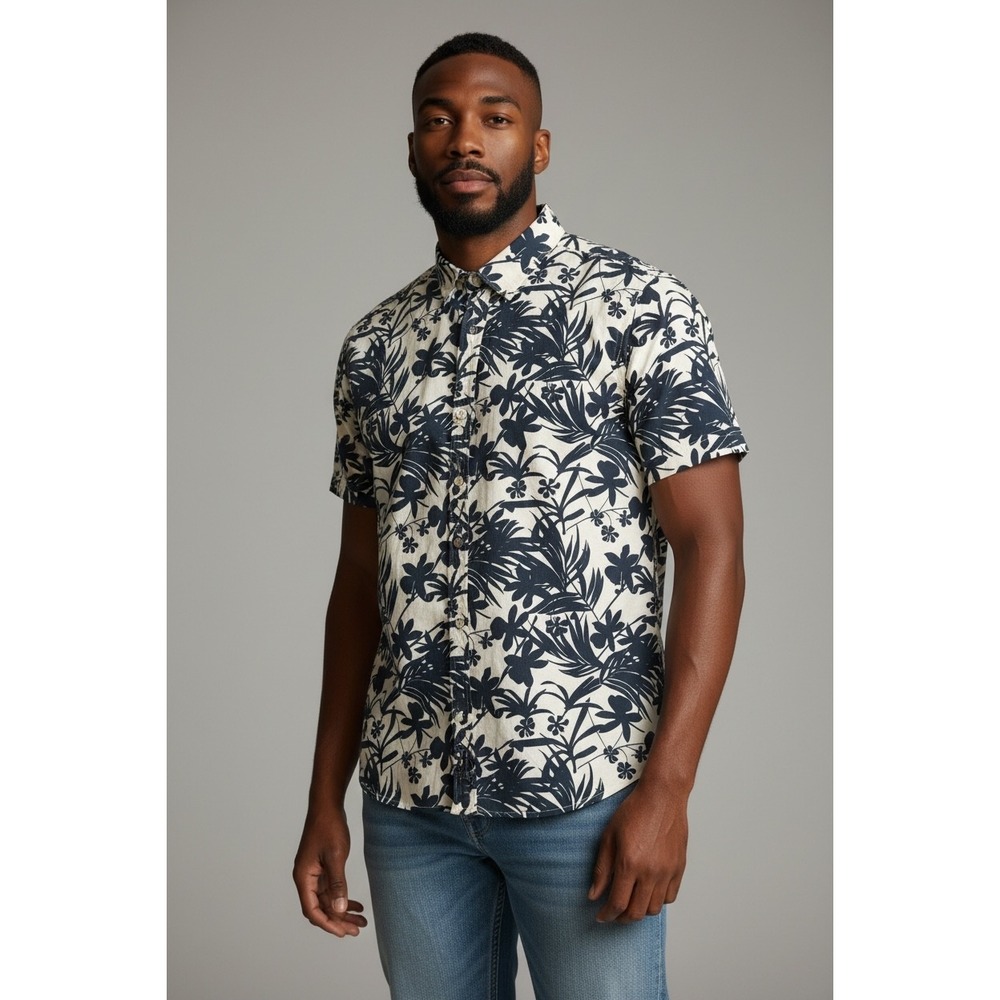 Nautica Mens XL White Navy Blue Tropical Floral Linen Cotton Blend Button Down